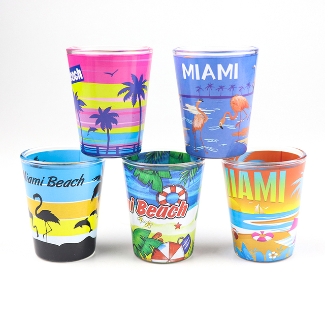 Factory Direct Custom Printing Logo Decal Miami Beach Tourist Gift Island Vodka Souvenir Shot Glasses