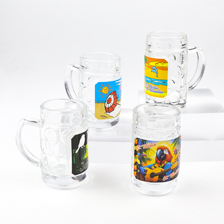 Wholesale Customised Logo Clear Drinking Cup Souvenir Wine Mini Glass Shot Glasses Beer Mug with Handle