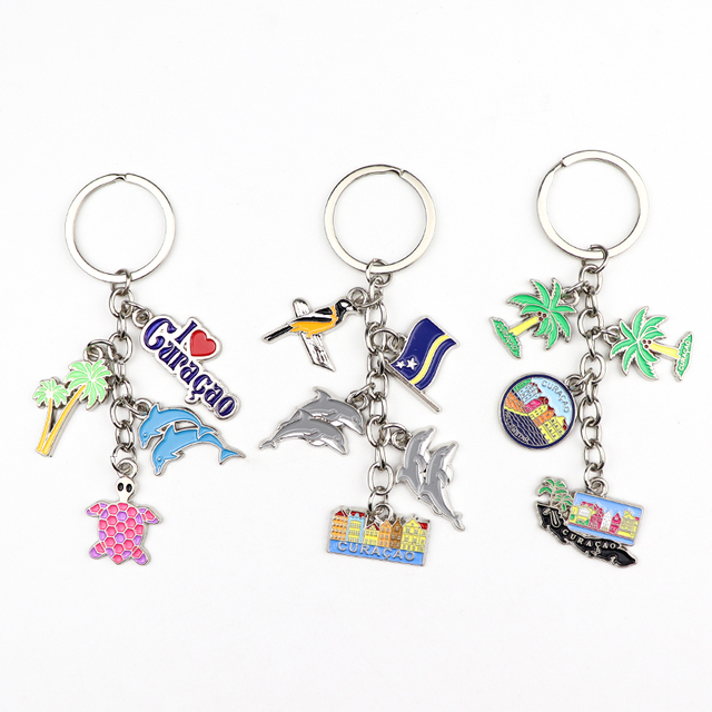 Customized Made Sea Beach Island Curacao Souvenirs Enamel Metal Keychain Key Charms