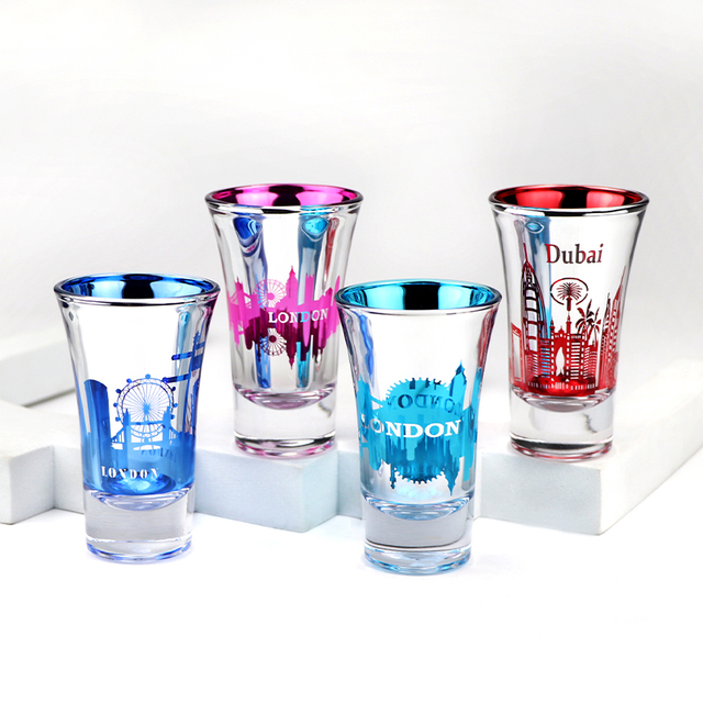 Manufacture Custom Color Logo Unique Tourist Souvenir Electroplating Glass Shot Glasses