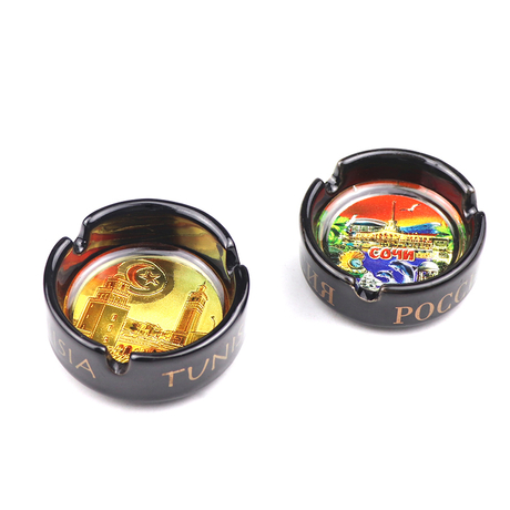 Manufacturer Custom Logo Foil Printed Countries Tourist Souvenir Round Ceramic Cigar Ashtray