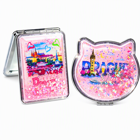 Custom Logo Prague Souvenir Liquid Sand Glitter Quicksand Compact Folding Mirror Travel Gifts