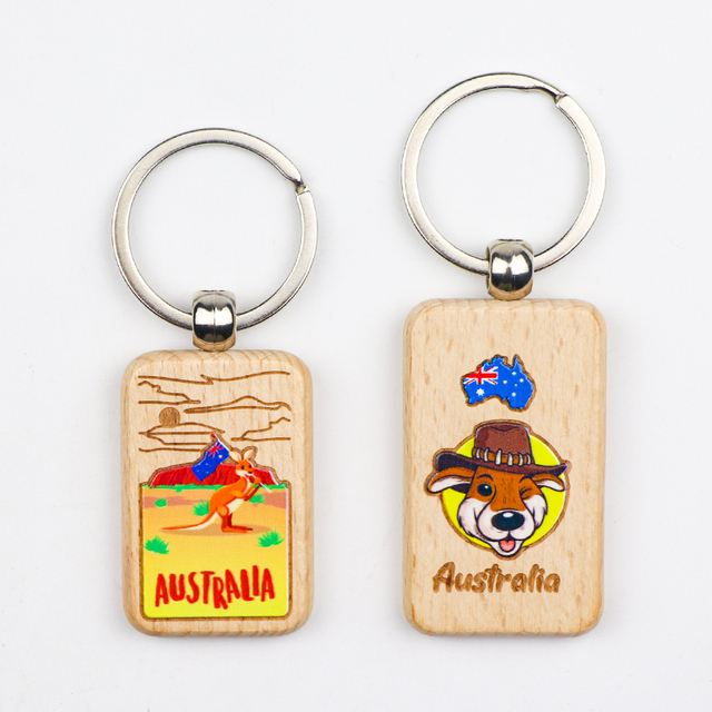 Personalized Custom Printed Laser Logo Australia Souvenir Wooden Keychain Wood Keyring
