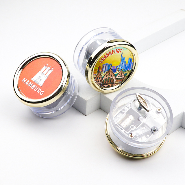 Customized Printing Logo Clear Plastic Mini Round Souvenir Music Box Mechanism