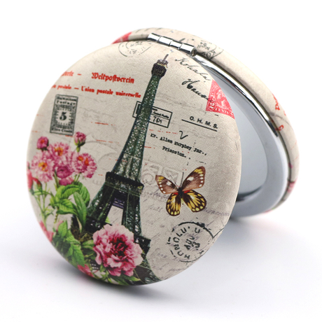 Wholesale Custom Logo Round Paris Tourist Souvenir Mini PU Leather Makeup Pocket Mirror