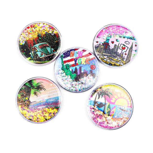 Customized Your Own Logo Travel City Island Souvenir Magnet Round Liquid Sand Acrylic Fridge Magnet