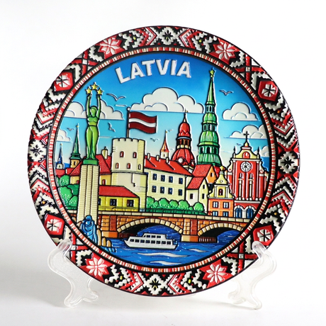 Custom Logo 3D High Relief Countries City Travel Gifts Latvia Souvenir Ceramic Plate for Decoration