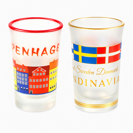 Custom Logo Denmark Sweden Scandinavia Souvenir Frosted Trumpet Shot Glass with Rim