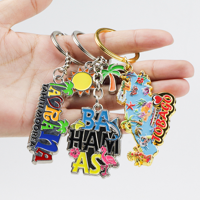 Customised Zinc Alloy Enamel Keychain Cities Island Beach Souvenir Metal Keychain Charms