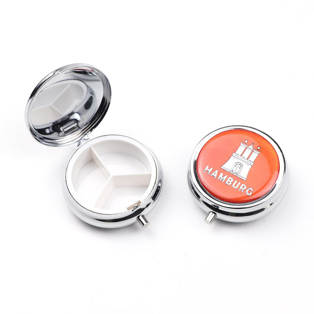 Custom Logo Pill Case 3-Compartment Round Souvenir Metal Small Medicine Pill Box