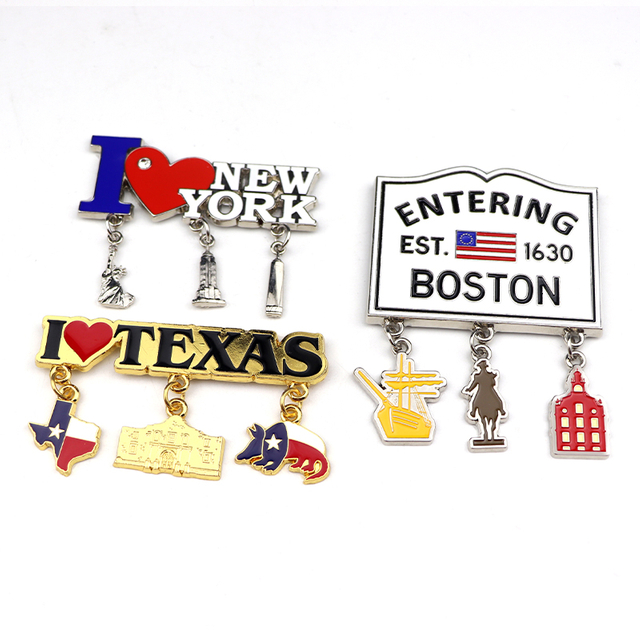 Custom USA Souvenir Magnet City Texas Boston New York Metal Fridge Magnet with Pendant