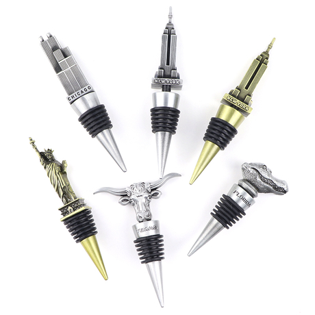 Custom Logo Zinc Alloy Metal Engravable Decorative Souvenir Cork Vacuum Bottle Wine Stoppers