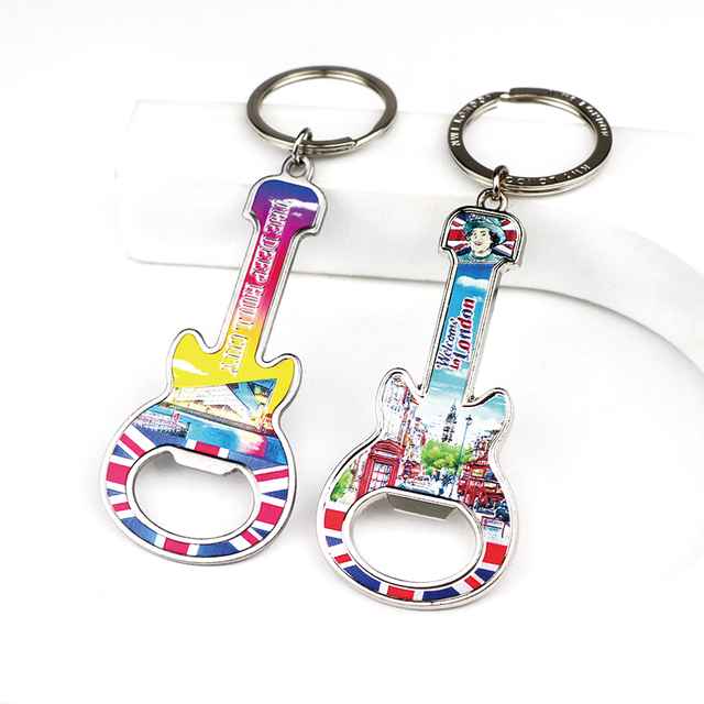 Custom Logo Printed Countries City Souvenir Guitar Shaped Keychain Bottle Opener Keyring