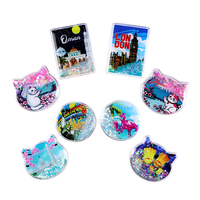 Customized Countries City Tourism Souvenir Liquid Quicksand Acrylic Refrigerator Fridge Magnet