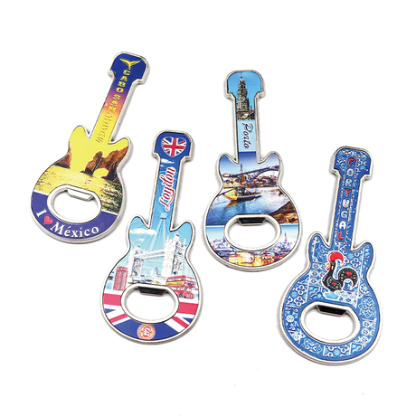 Custom Foil Printing Engraved Logo Countries Landmark Tourist Souvenir Guitar Shape Metal Bottle Opener Magnet