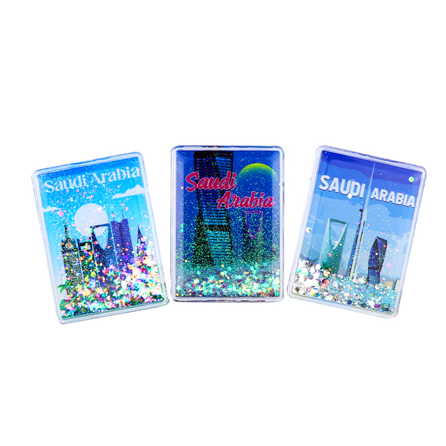 Custom Printed Logo Liquid Glitter Sand Refrigerator Magnet Saudi Arabia Souvenirs Quicksand Acrylic Fridge Magnets