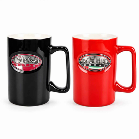 Custom Engraved Metal Logo Dubai Qatar Tourist Souvenir Ceramic Mug Cups Manufacturer