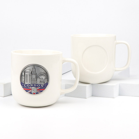 Custom Metal Logo White Ceramic Mugs Souvenir Cup Coffee Mug for Drinking