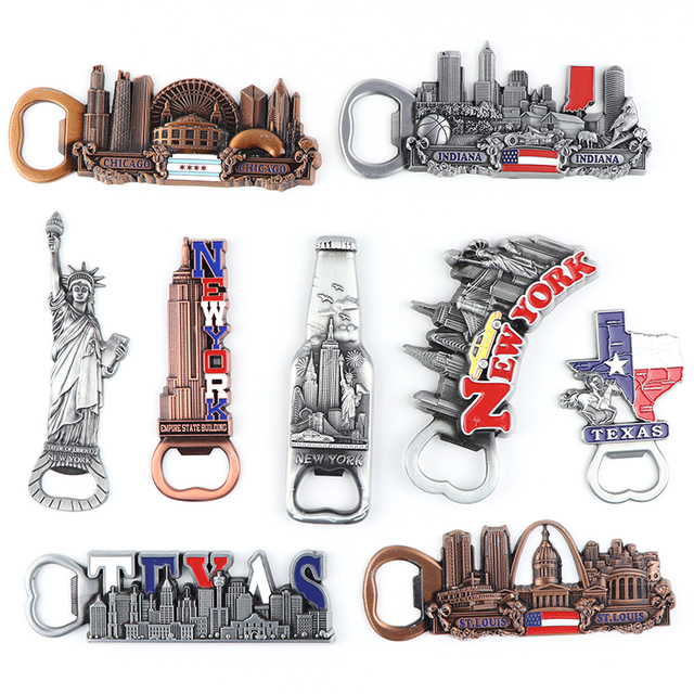 Custom Design Zinc Alloy USA Cities Souvenir Metal Beer Bottle Opener Fridge Magnet