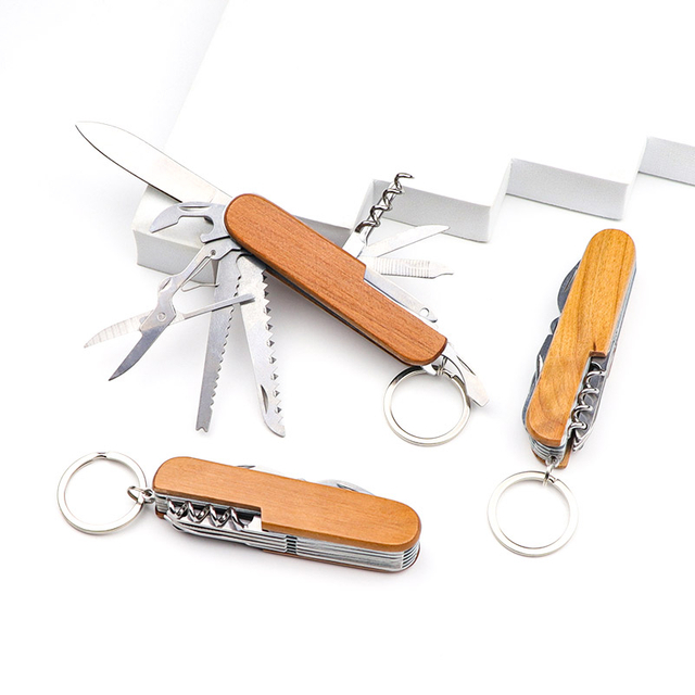 Custom Logo 11 in 1 Multi Pocket Knife Souvenir Wood Knife Keychain