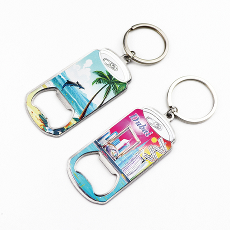 Customized Foil Printing Logo Beach Souvenir Can Bottle Shaped Metal Beer Opener Keychain