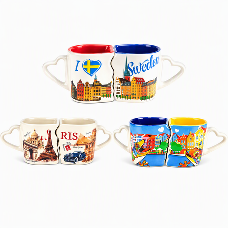 Custom Logo Ceramic Porcelain Mug Tourist Souvenir Gifts Couple Coffee Cup Set with Heart Handle