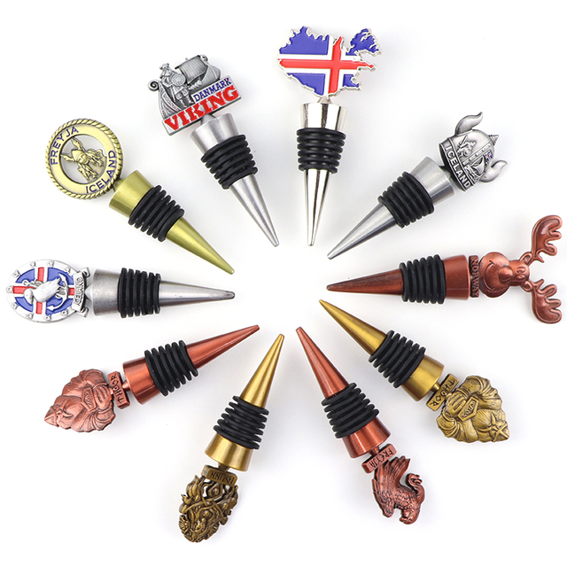 Custom Logo Creative Tourist Souvenir Metal 3d Decorative Cork Bottle Wine Stoppers