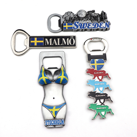 Manufacturer Customized Creative Design Zinc Alloy Metal 3D Sweden Souvenir Bottle Opener Magnet