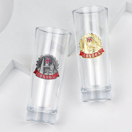 Manufacturer Customized Engraved City Tourist Souvenir Long Tequila Shot Glass with Metal Logo