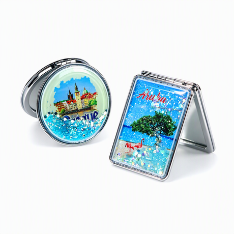 Custom Logo Travel Souvenir Liquid Glitter Quicksand Compact Folding Pocket Mirror