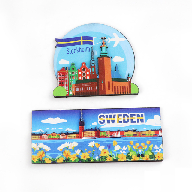 Custom Design Shape Travel City Sweden Souvenir Magnet 3d Mdf Wooden Fridge Magnet