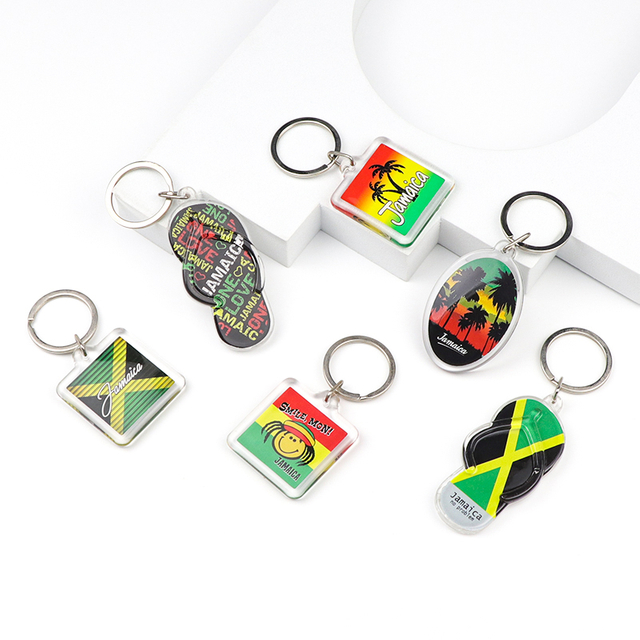 Customized Various Shapes Clear Acrylic Key Chain Jamaica Souvenir Keychain for Gift Shops Wholesalers