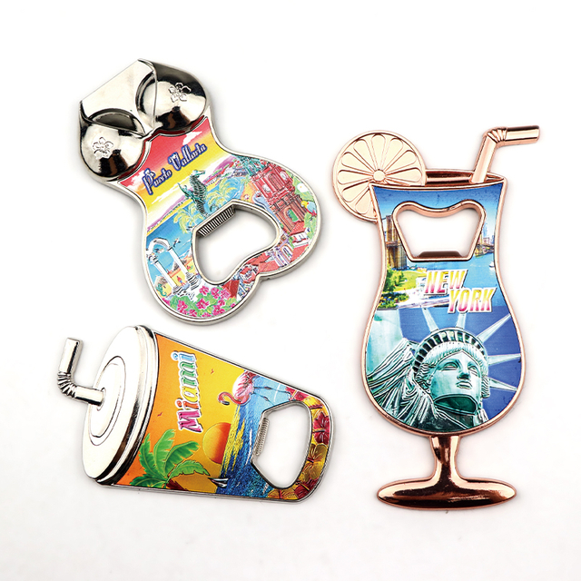 Customized Logo Foil Epoxy Printing Beach City Island Travel Souvenir Metal Beer Bottle Opener Magnet