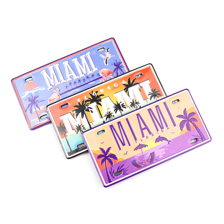 Custom Logo Aluminum Miami Beach Souvenir Metal Car License Plate Fridge Magnet for Gift Shops Wholesalers
