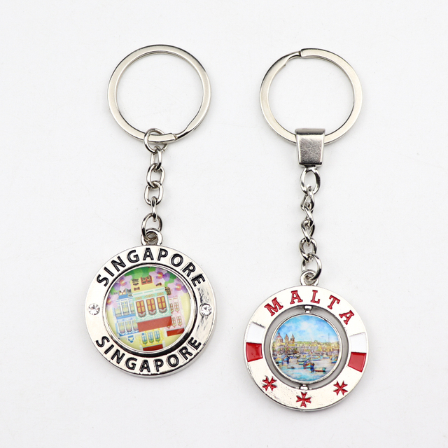 Customized Logo Malta Singapore Souvenir Gift 3D Metal Rotate Spinning Keychain