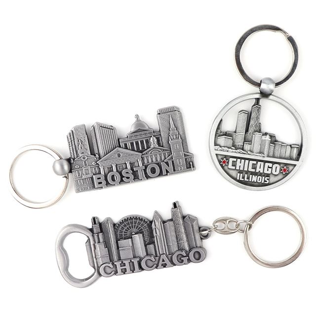 Custom Boston Chicago Souvenir Keychain Personalized Logo Enamel 3D Keyring Metal Key Chains